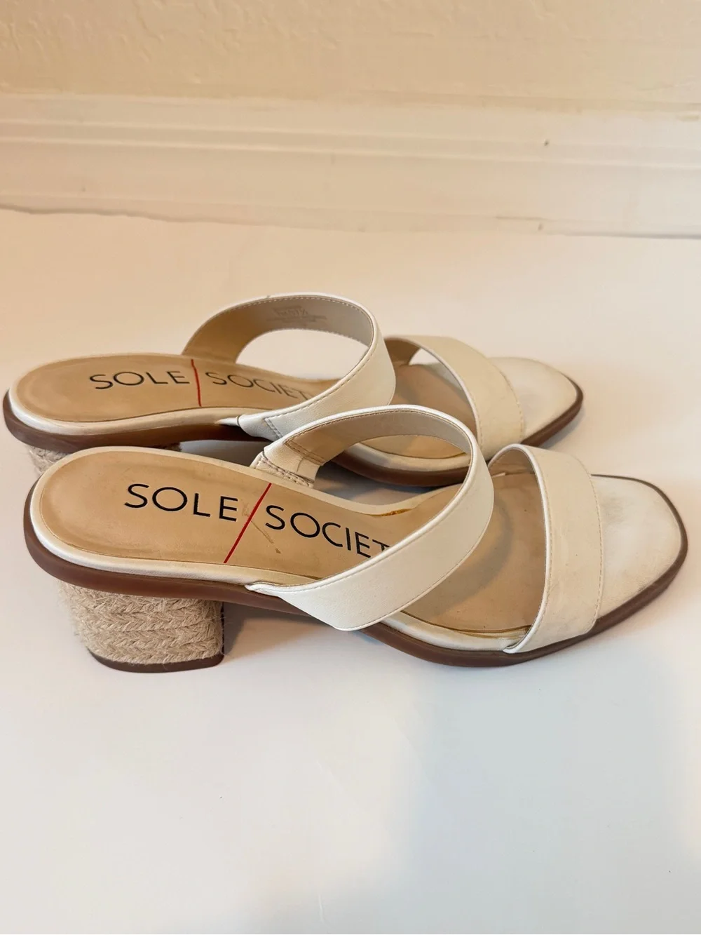 Sole Society Cream Double-Strap Block Heel Sandals
